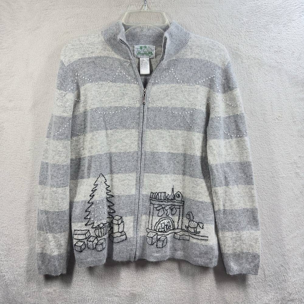 Quacker Factory Wool‎ Blend Christmas Sweater Women's S Gray Stripe Full Zip